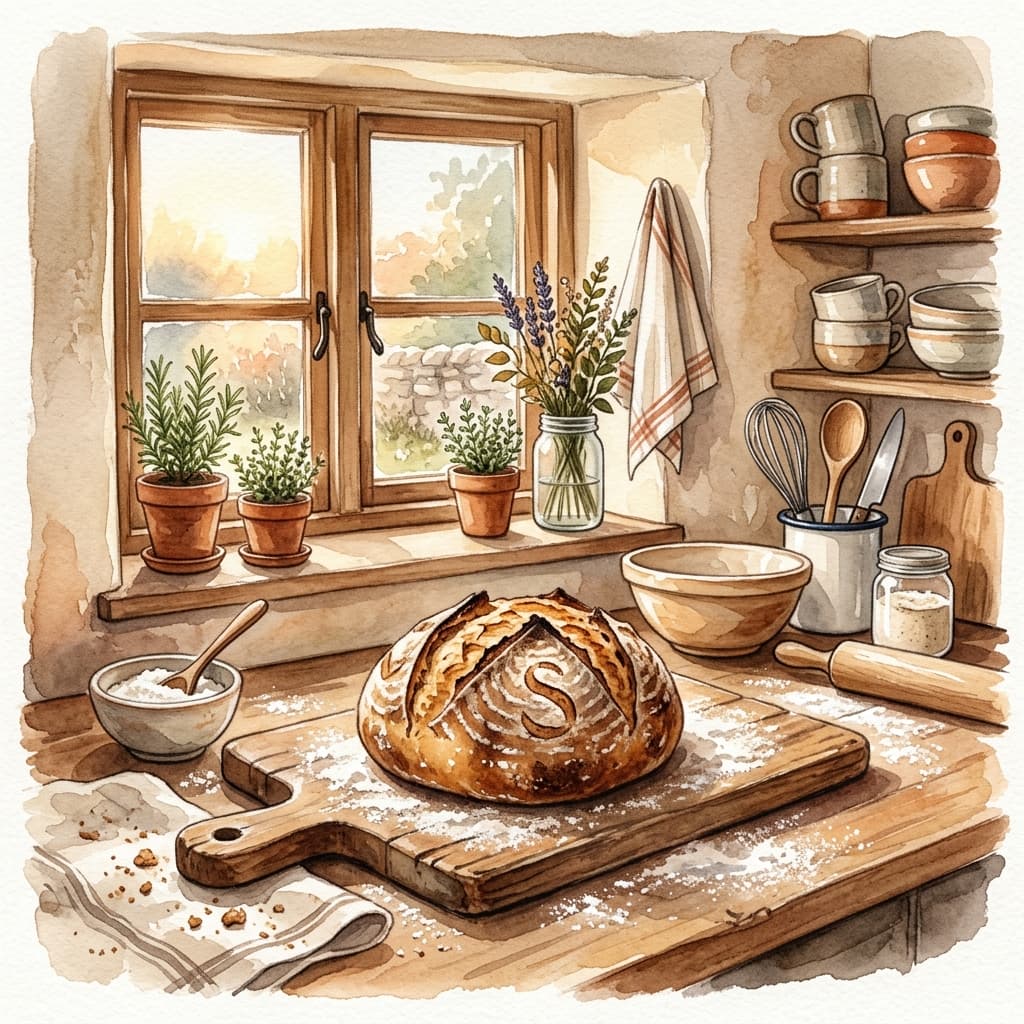 Watercolor illustration of a rustic kitchen with freshly baked sourdough bread