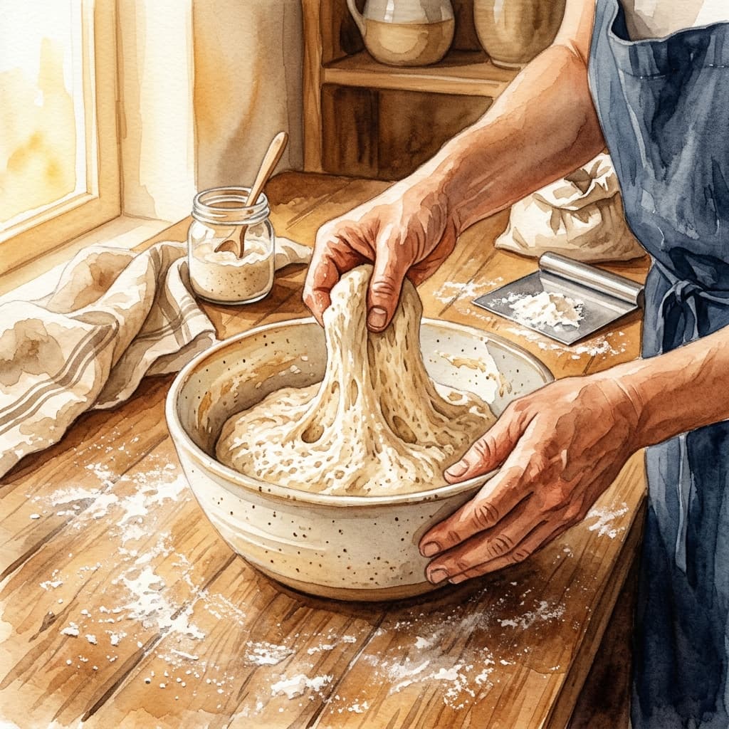 Watercolor illustration of hands stretching and folding bread dough