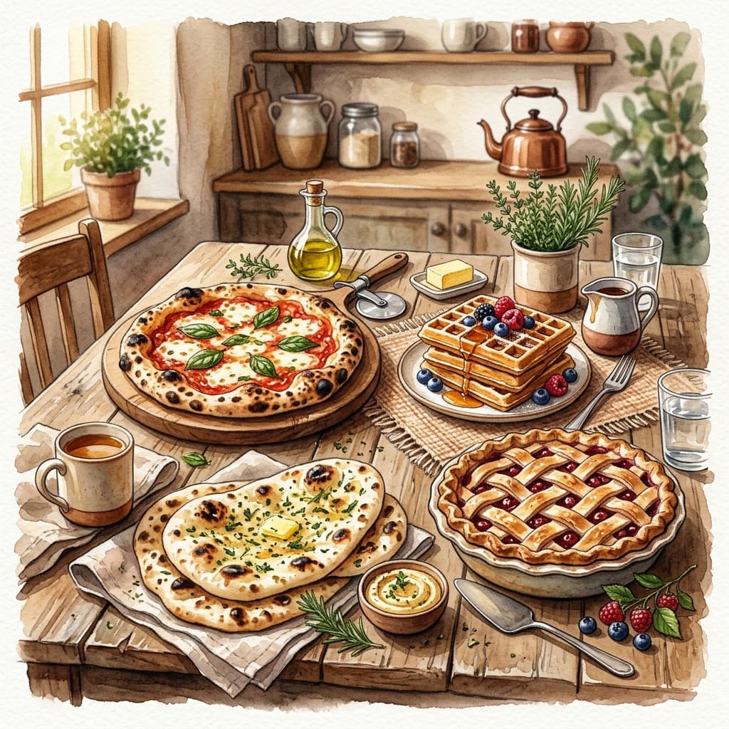 Watercolor illustration of sourdough waffles, pizza, naan, and pie